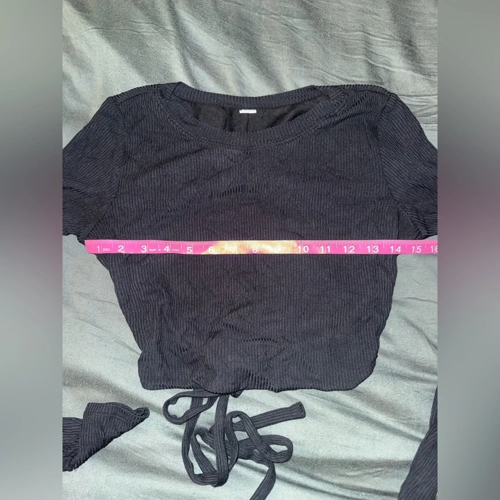 ALO Yoga Coquette Black Ribbed Long-Sleeve Wrap Crop Top